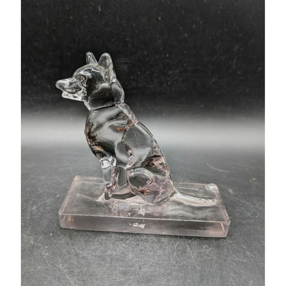 Vintage Purple Tinted Clear Glass German Shepherd Dog Figurine Sculpture Base 5"